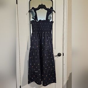 Hill House Navy Blue Tiered Midi Dress with Small Floral Print